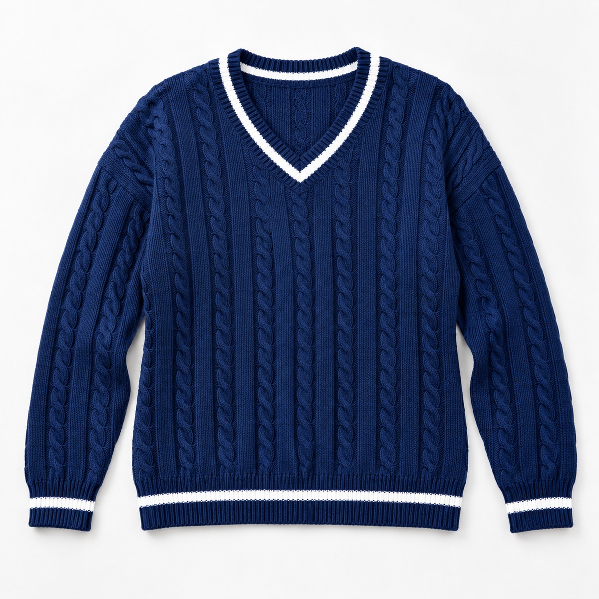 Marzanna – Sweter z warkoczem i kontrastowym dekoltem V