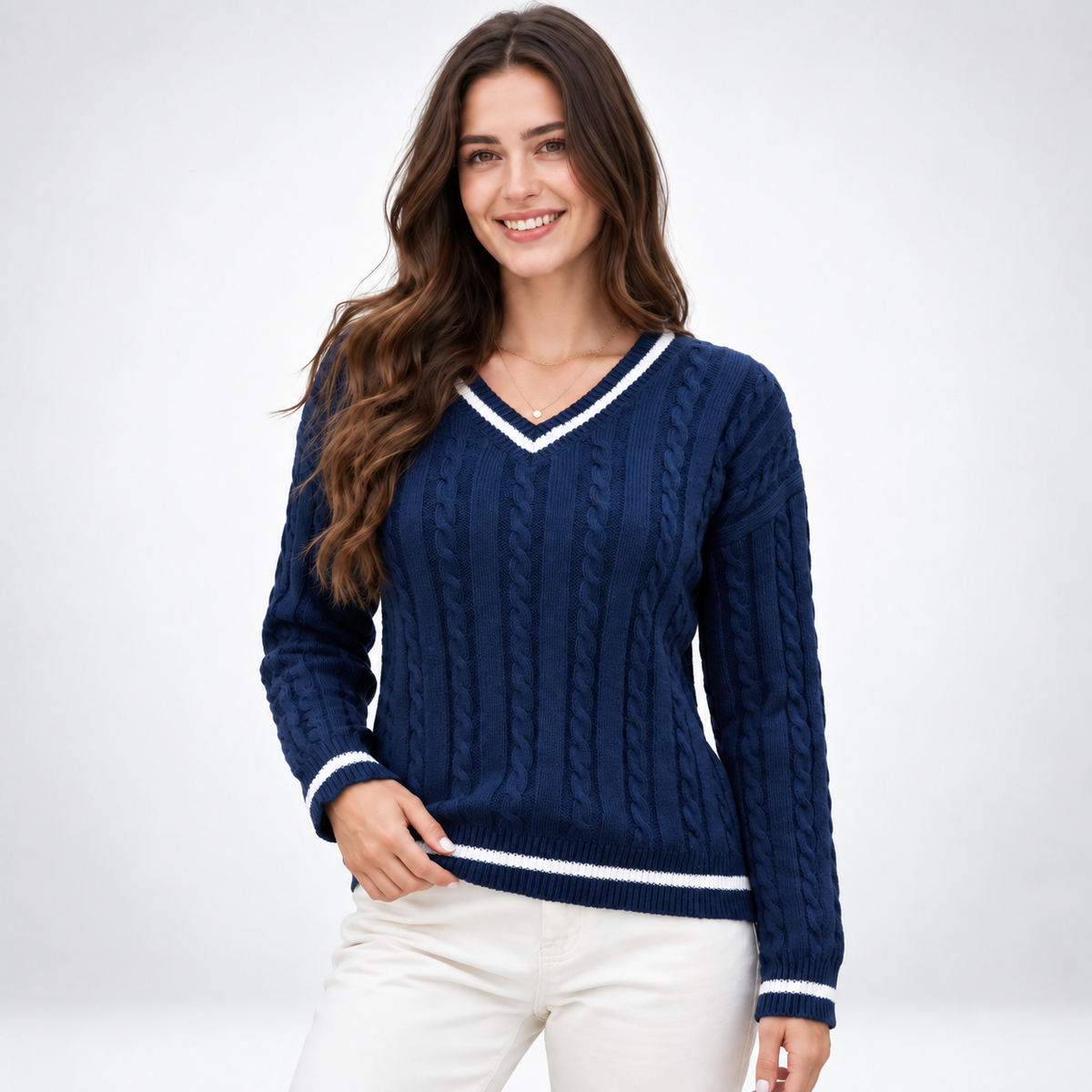 Marzanna – Sweter z warkoczem i kontrastowym dekoltem V – Niebieski