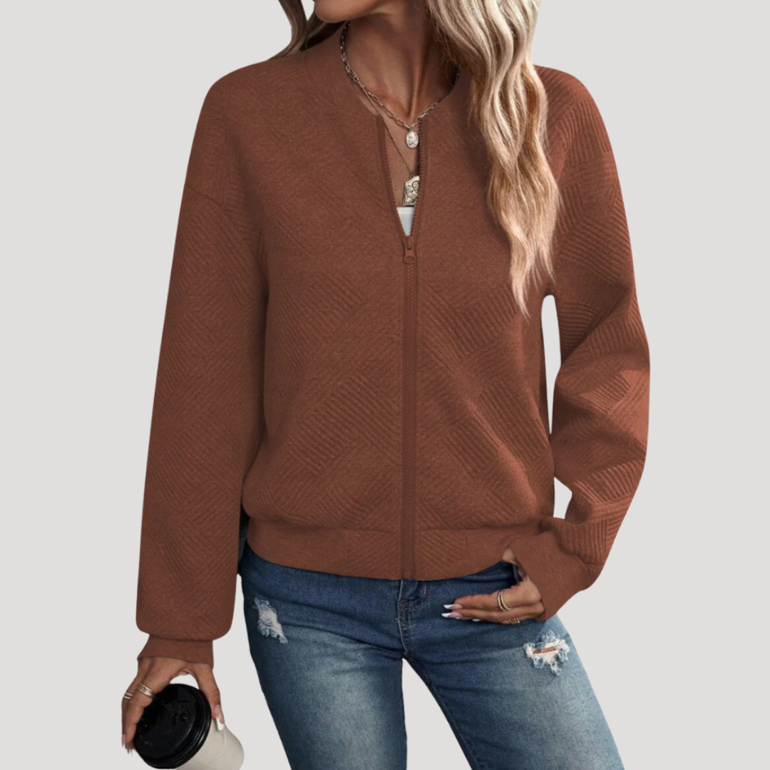 Amanda – Gładki kardigan na zamek z długim rękawem – Brązowy