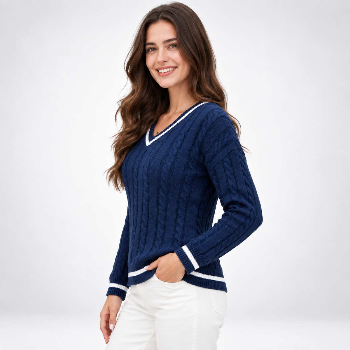 Marzanna – Sweter z warkoczem i kontrastowym dekoltem V