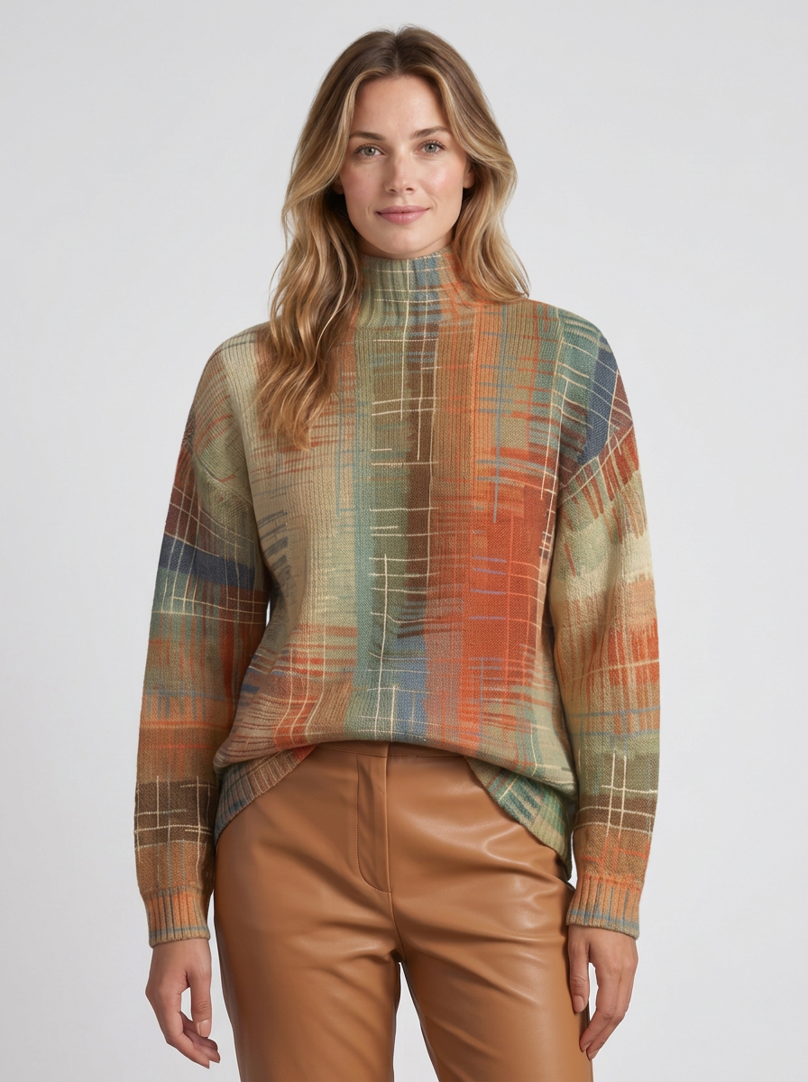 Krystiana – Sweter z golfem i malarskim wzorem w jesienne paski – Jesienne paski