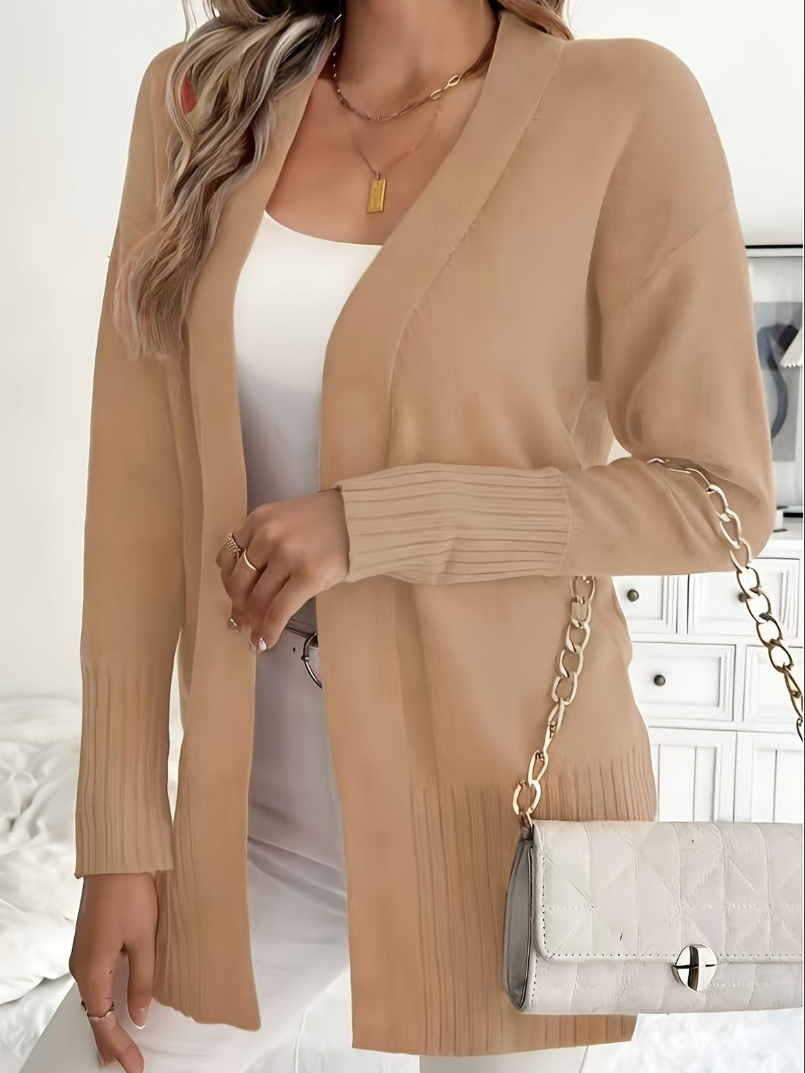 Ada – Elegancki długi kardigan na jesień i zimę – Khaki