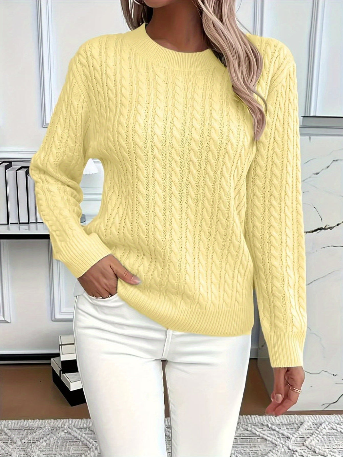 Lucyna – Sweter w warkocze z okrągłym dekoltem – Żółty