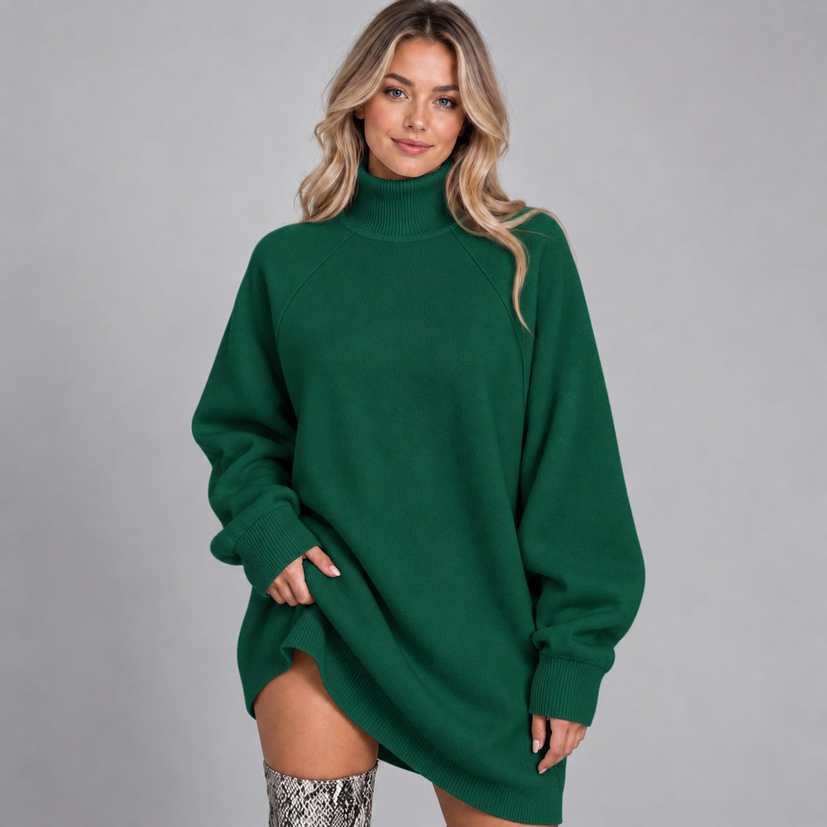 Aniela – Ciepła sukienka swetrowa oversize z golfem – Zielony