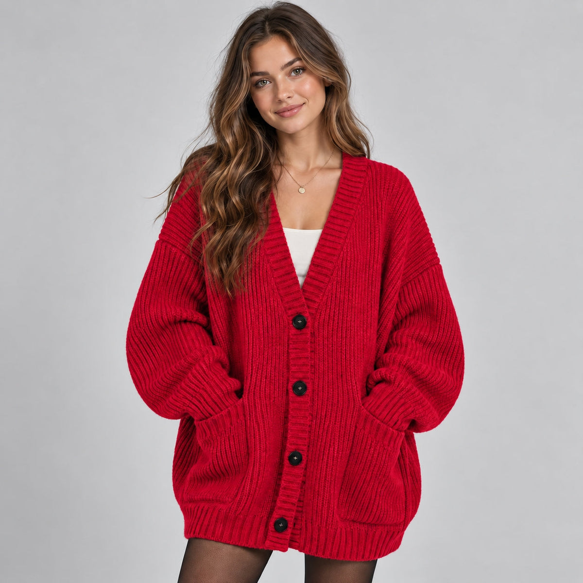 Kalina – Ciepły kardigan oversize z guzikami i kieszeniami – Czerwony