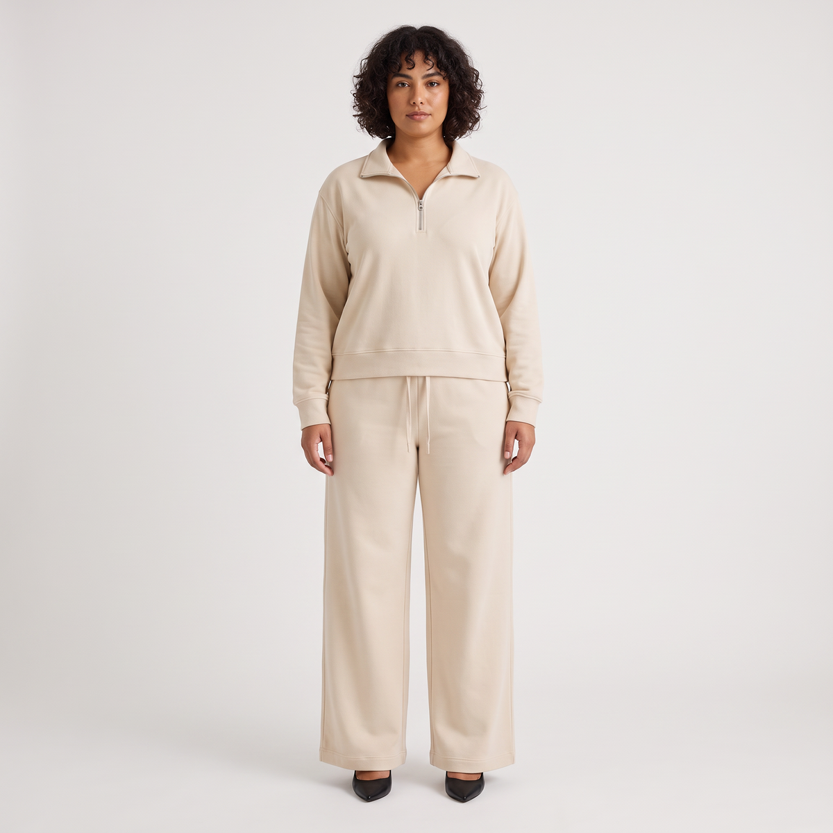 Zestaw loungewear damski – bluza z krótkim zamkiem i spodnie wide leg – Beżowy