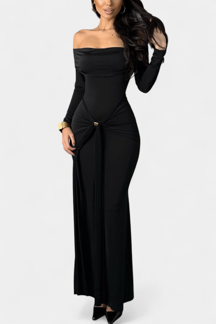 Sukienka maxi damska – długa sukienka off-shoulder z długim rękawem | elegancki taliowany krój – Czarny