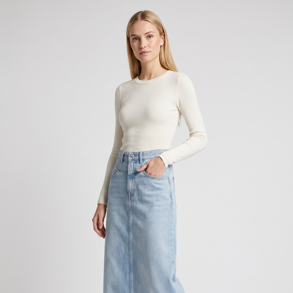 Alzbeta – Jeansowa spódnica maxi z wysokim stanem dla kobiet – Niebieski (detail)