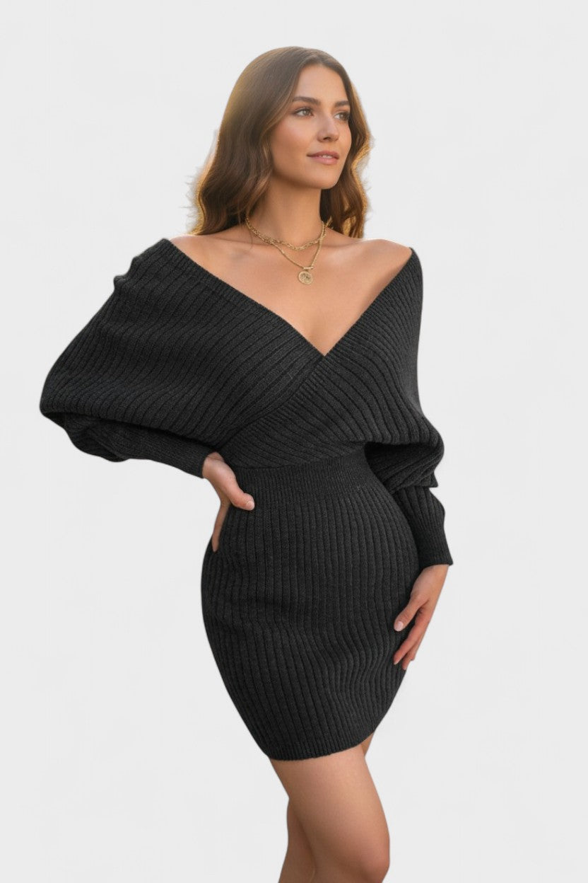 Sukienka mini Claire damska – kopertowa sukienka z dekoltem V i długim rękawem | elegancka sukienka na imprezę – Czarny