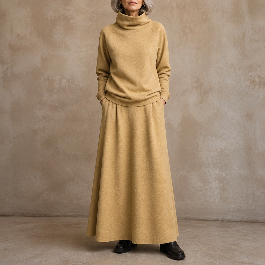 Leonora – Komplet z golfem i długą spódnicą maxi – Khaki
