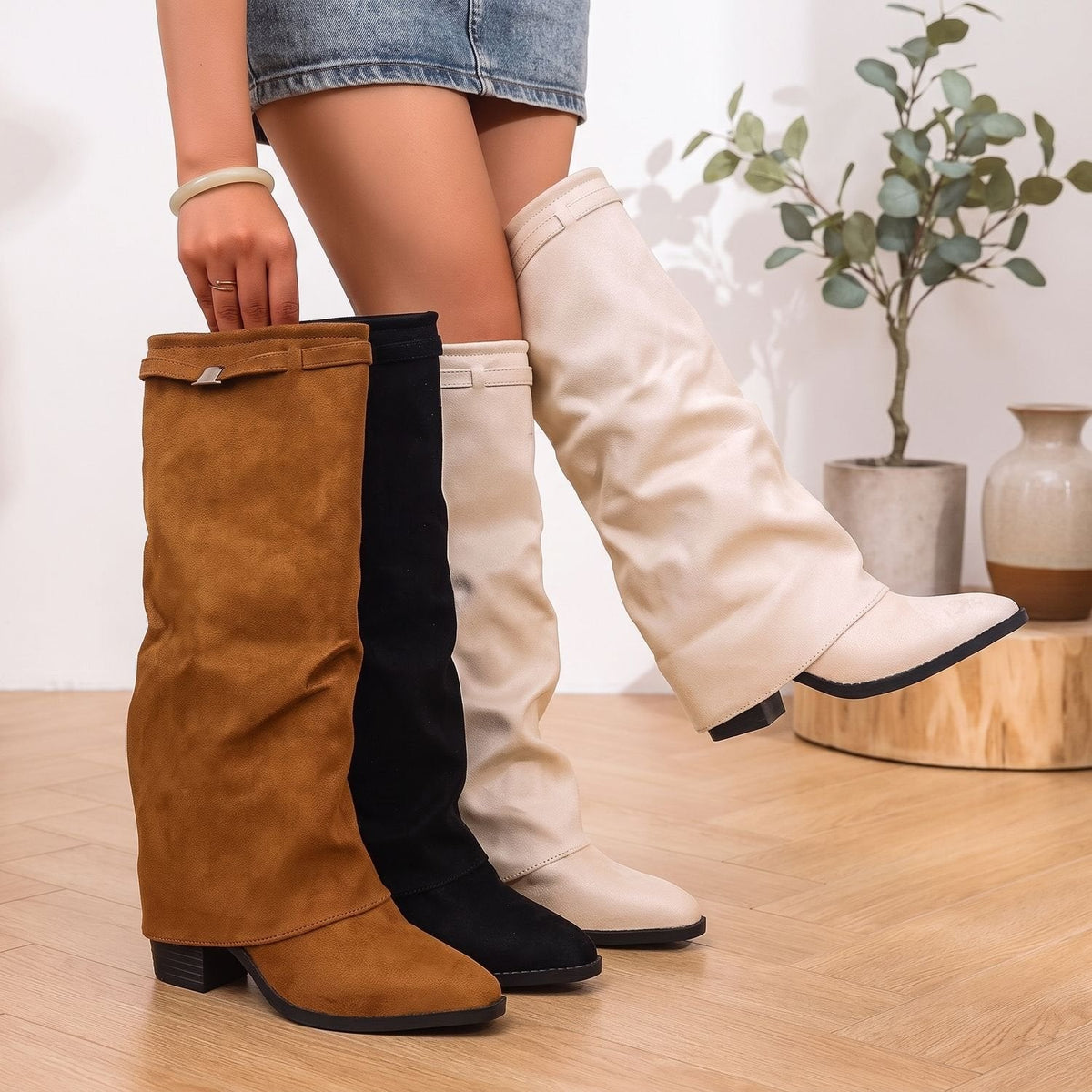Sybilla – Kozaki slouchy z imitacji zamszu na niskim słupku