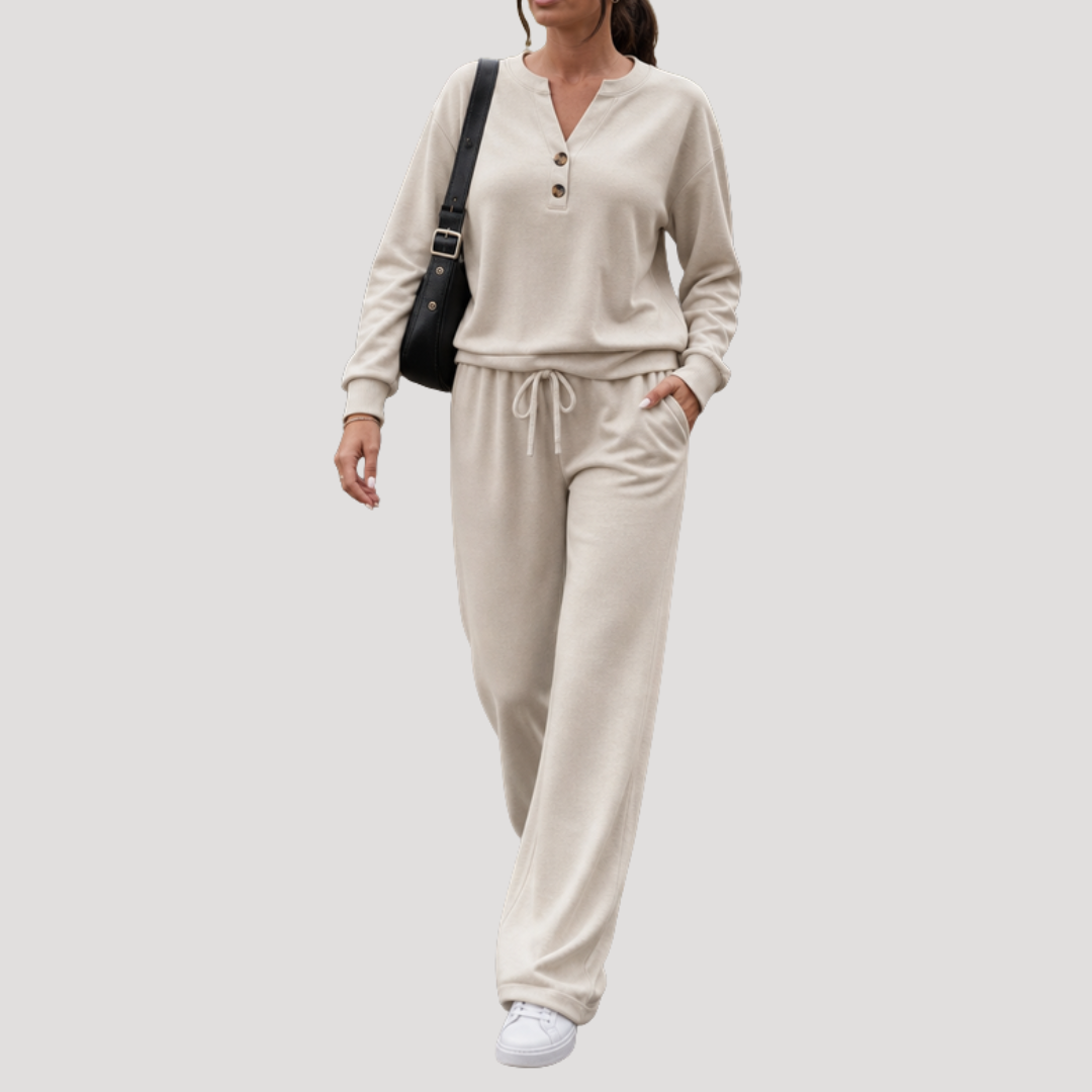 Sandra – Wygodny komplet lounge z szerokimi spodniami – Morelowy