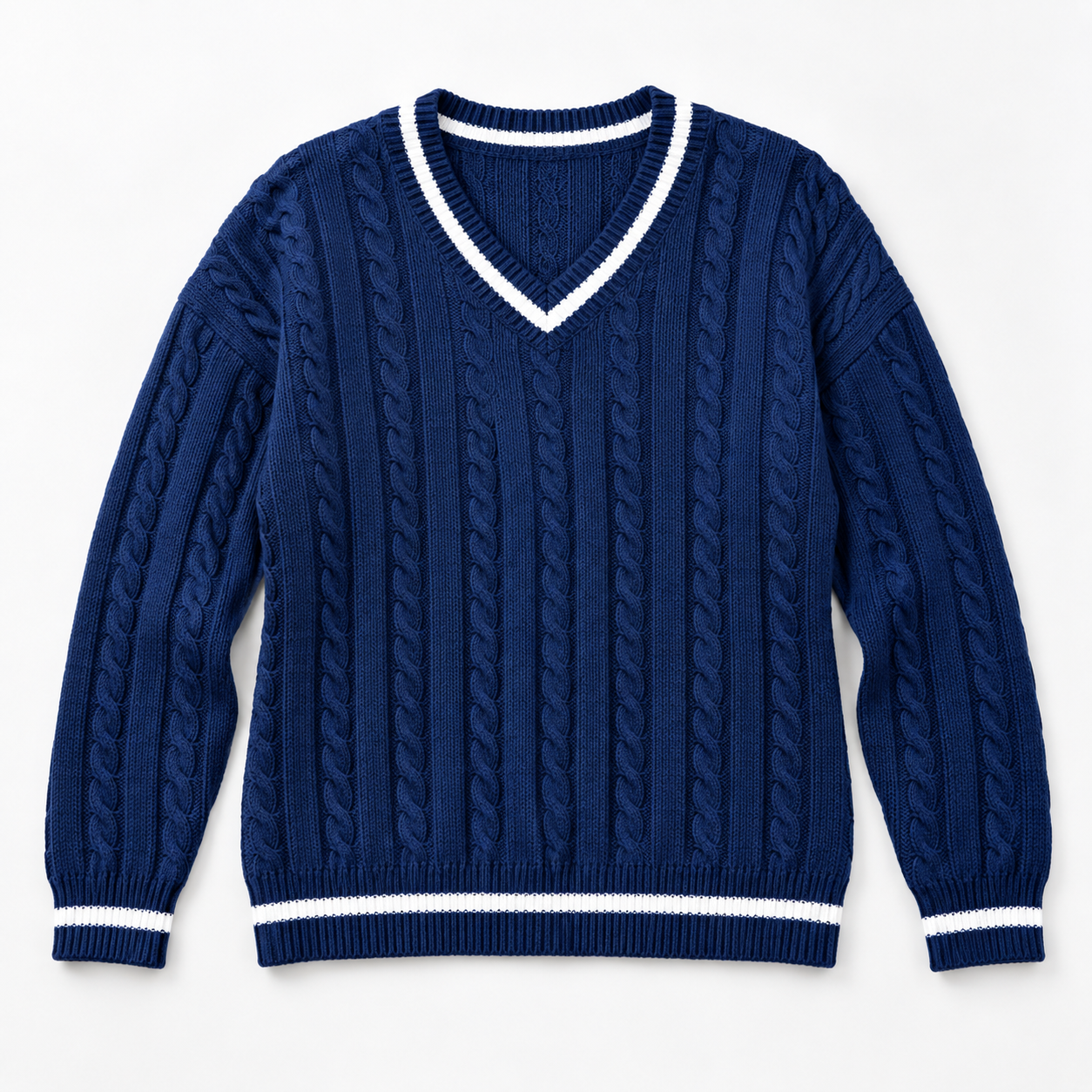 Marzanna – Sweter z warkoczem i kontrastowym dekoltem V