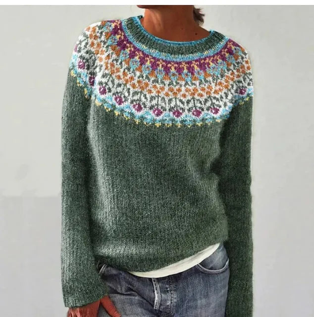Wirginia – Sweter oversize z żakardowym wzorem przy dekolcie – Zielony w kwiaty