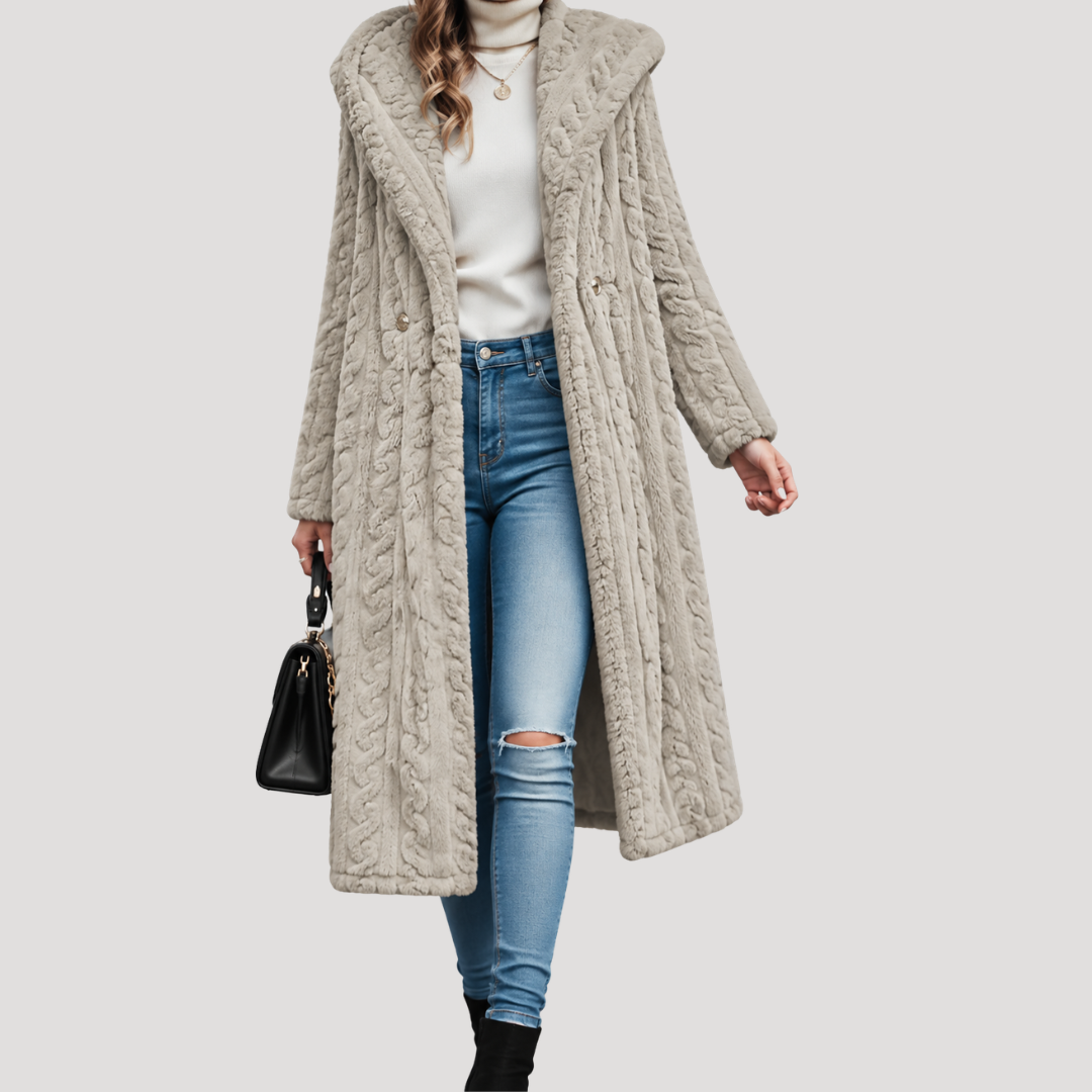 Milena – Długi płaszcz z kapturem i fakturowanym wykończeniem – Morelowy