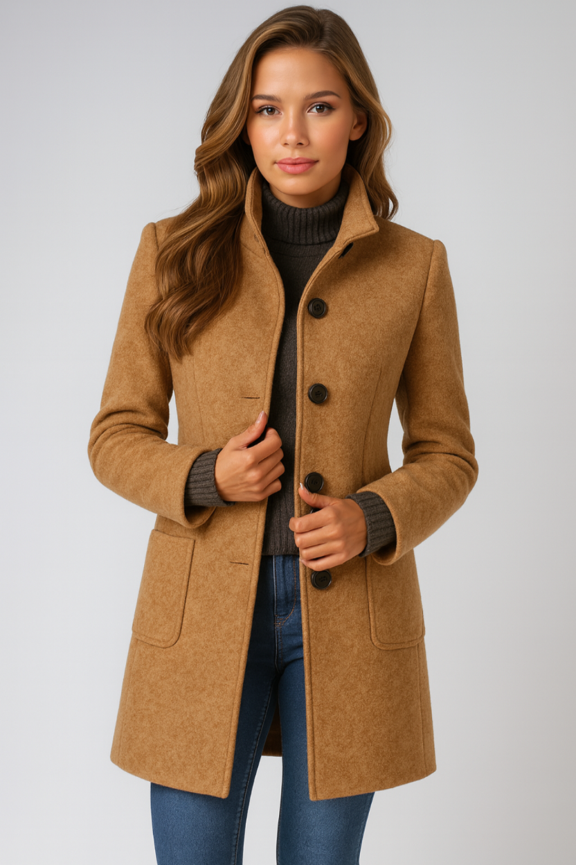 Izolda – Elegancki płaszcz ze stójką – Khaki