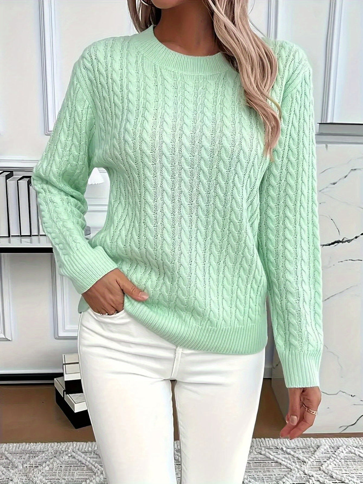 Lucyna – Sweter w warkocze z okrągłym dekoltem – Jasnozielony