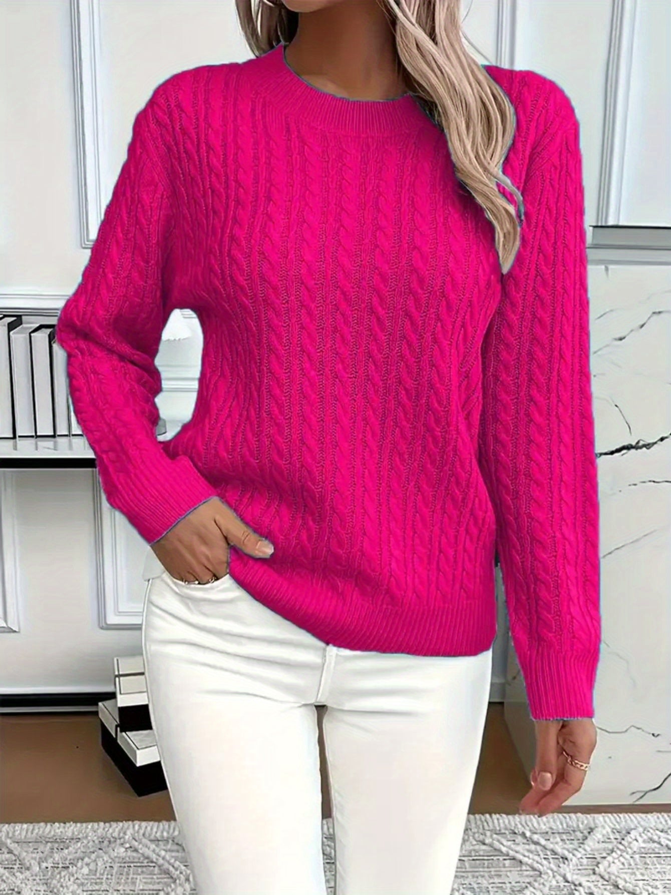 Lucyna – Sweter w warkocze z okrągłym dekoltem – Ciemnoróżowy