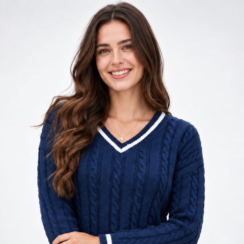Marzanna – Sweter z warkoczem i kontrastowym dekoltem V