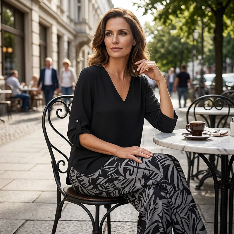Karolina – Komplet: bluzka z dekoltem V i szerokie spodnie we wzór