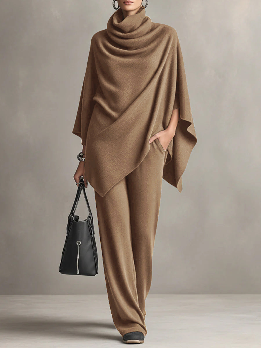 Bogusława – Elegancki komplet z golfem, peleryną i spodniami – Khaki
