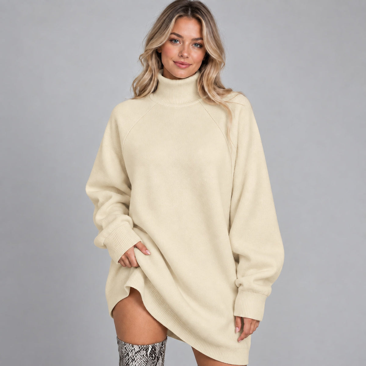 Aniela – Ciepła sukienka swetrowa oversize z golfem – Morelowy