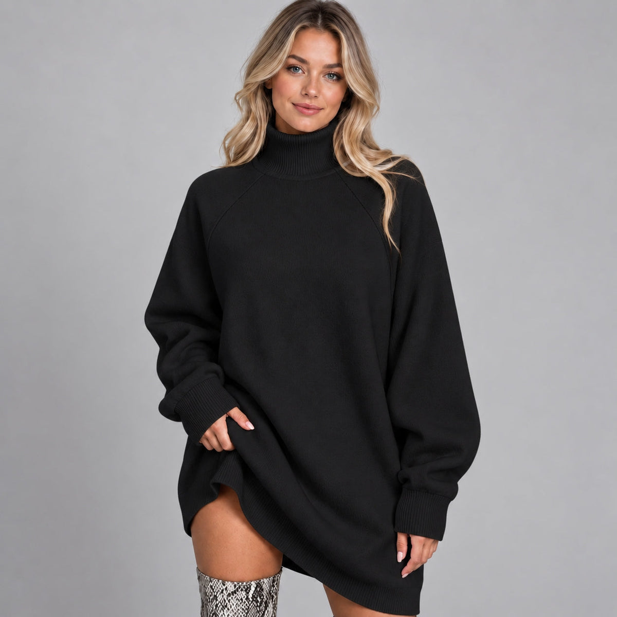 Aniela – Ciepła sukienka swetrowa oversize z golfem – Czarny