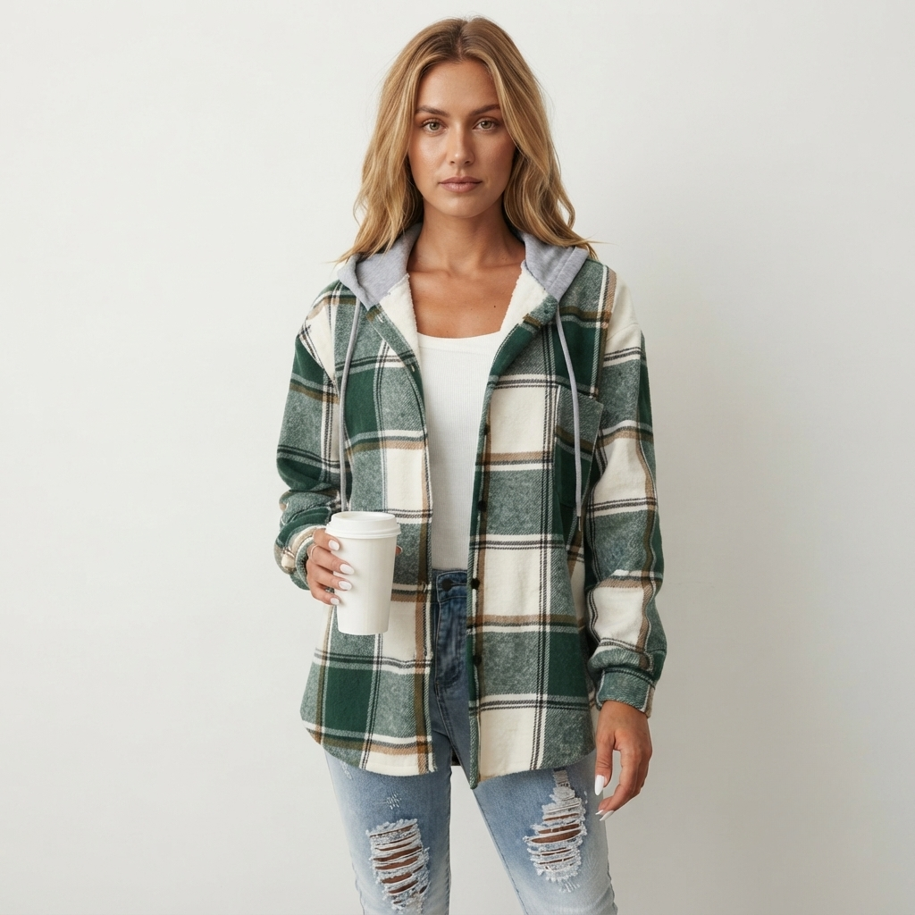 Marietta – Flanelowa kurtka koszulowa w kratę z kapturem – Zielony