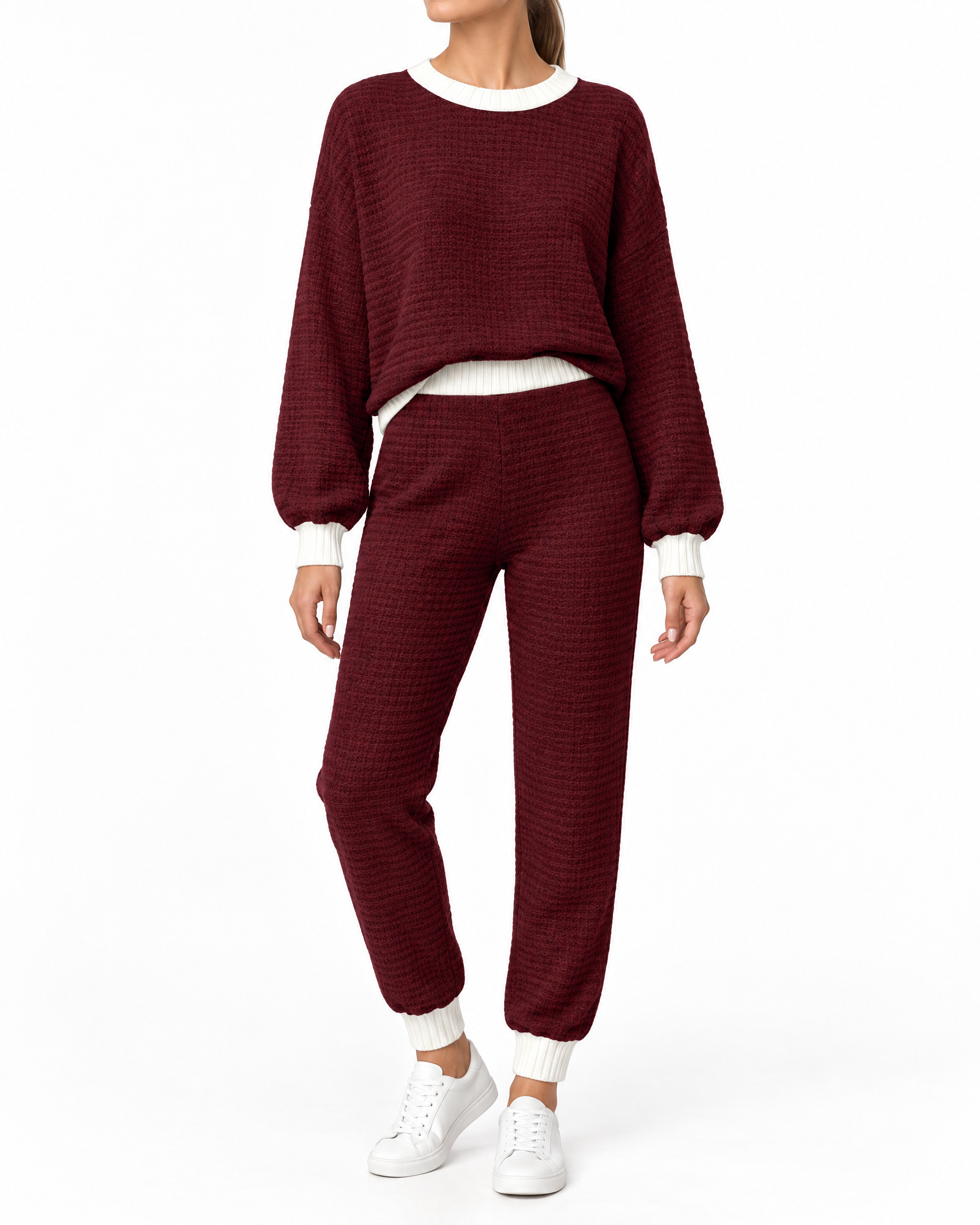 Kornelia – Dzianinowy komplet: sweter i spodnie – Bordowy