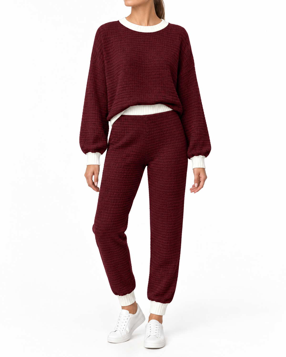 Kornelia – Dzianinowy komplet: sweter i spodnie – Bordowy