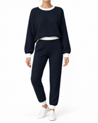 Kornelia – Dzianinowy komplet: sweter i spodnie – Granatowy