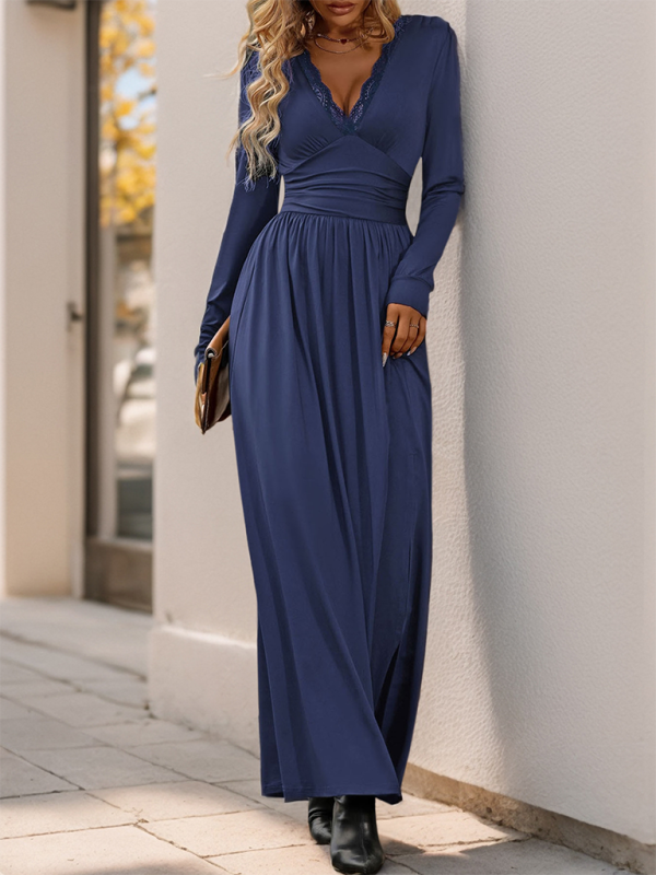 Ernestyna – Elegancka sukienka maxi z dekoltem V i taliowaniem – Niebieski