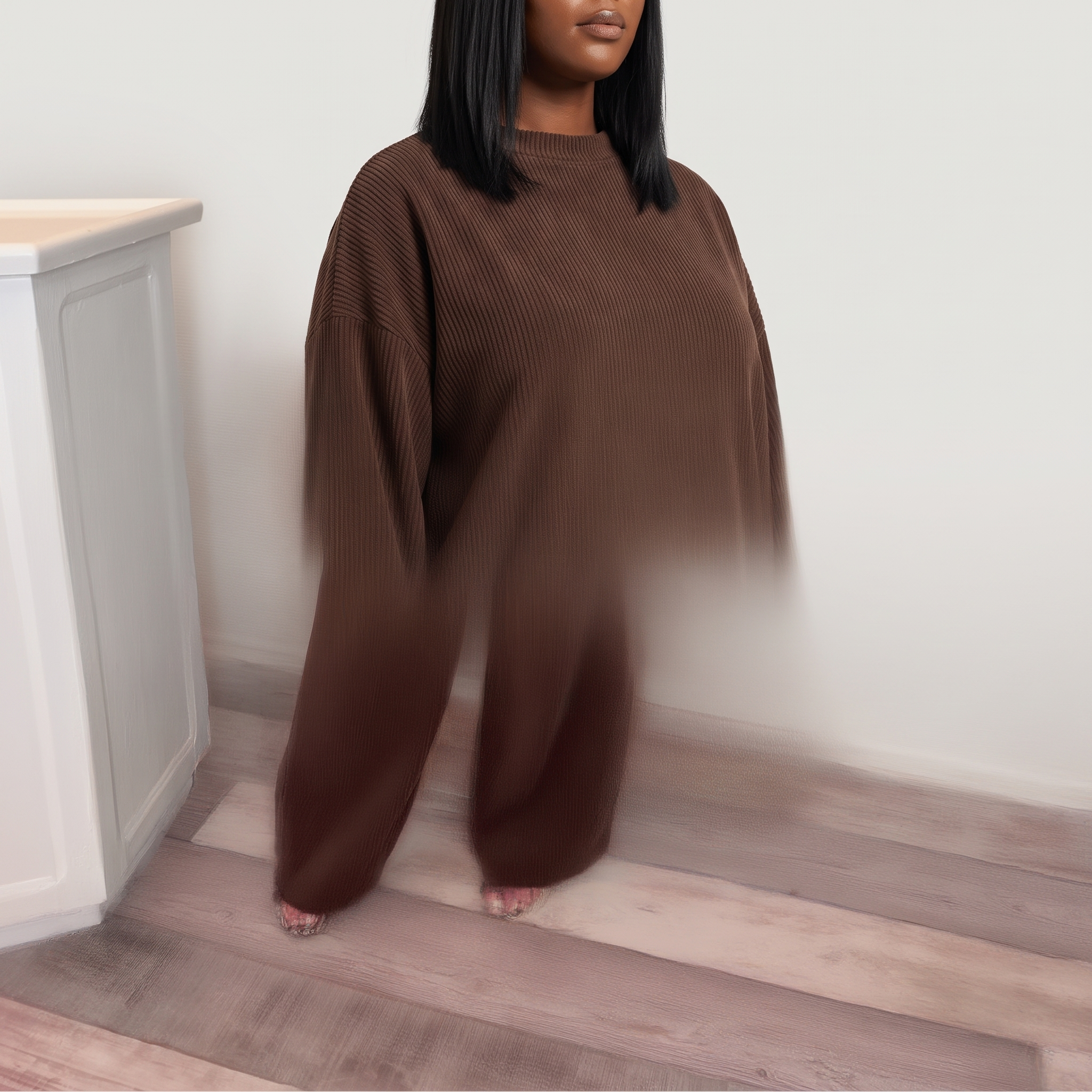 Ingrid Prążkowany Komplet Loungewear – Oversize Top i Szerokie Spodnie – Brązowy (detail)