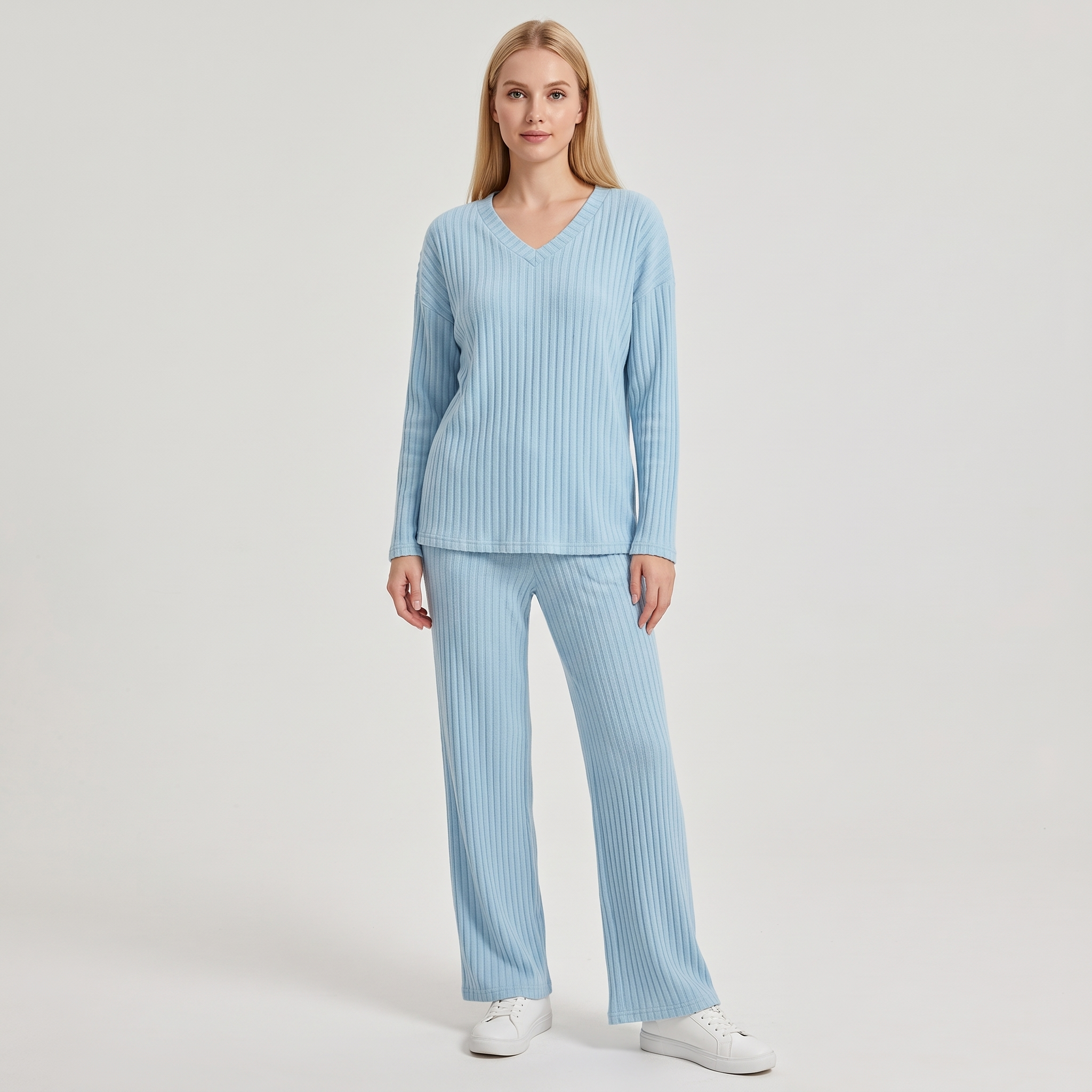Prążkowany komplet loungewear damski – top z dekoltem V i szerokie spodnie – Turkusowy