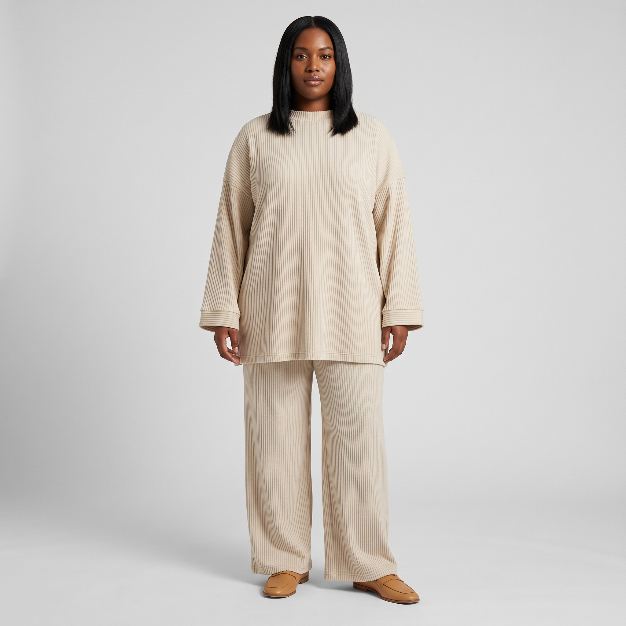 Ingrid Prążkowany Komplet Loungewear – Oversize Top i Szerokie Spodnie – Biały