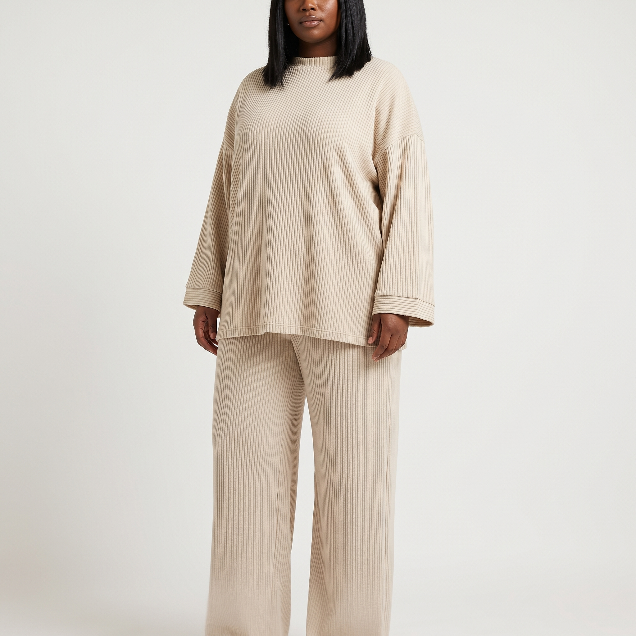 Ingrid Prążkowany Komplet Loungewear – Oversize Top i Szerokie Spodnie – Biały (detail)