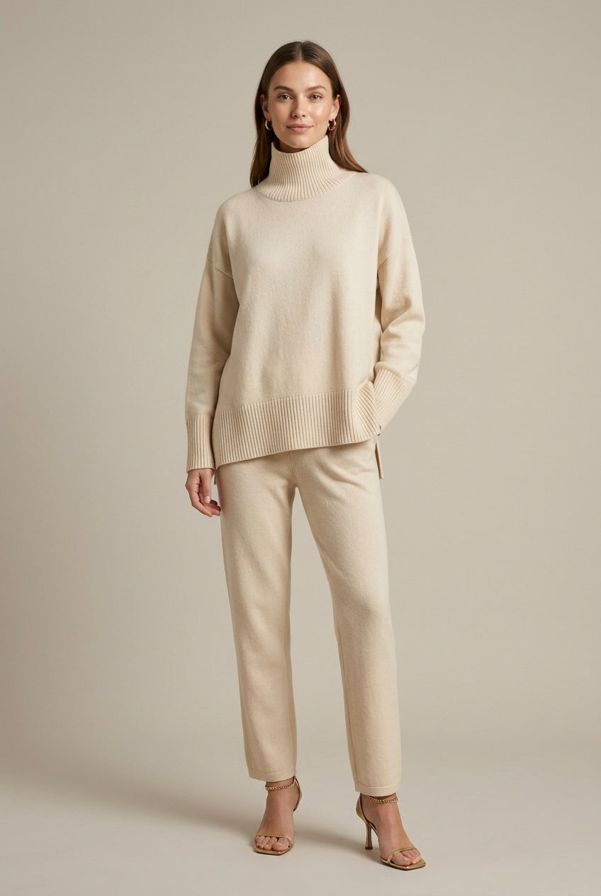 Dzianinowy dwuczęściowy komplet loungewear z golfem i szerokimi spodniami – Beżowy