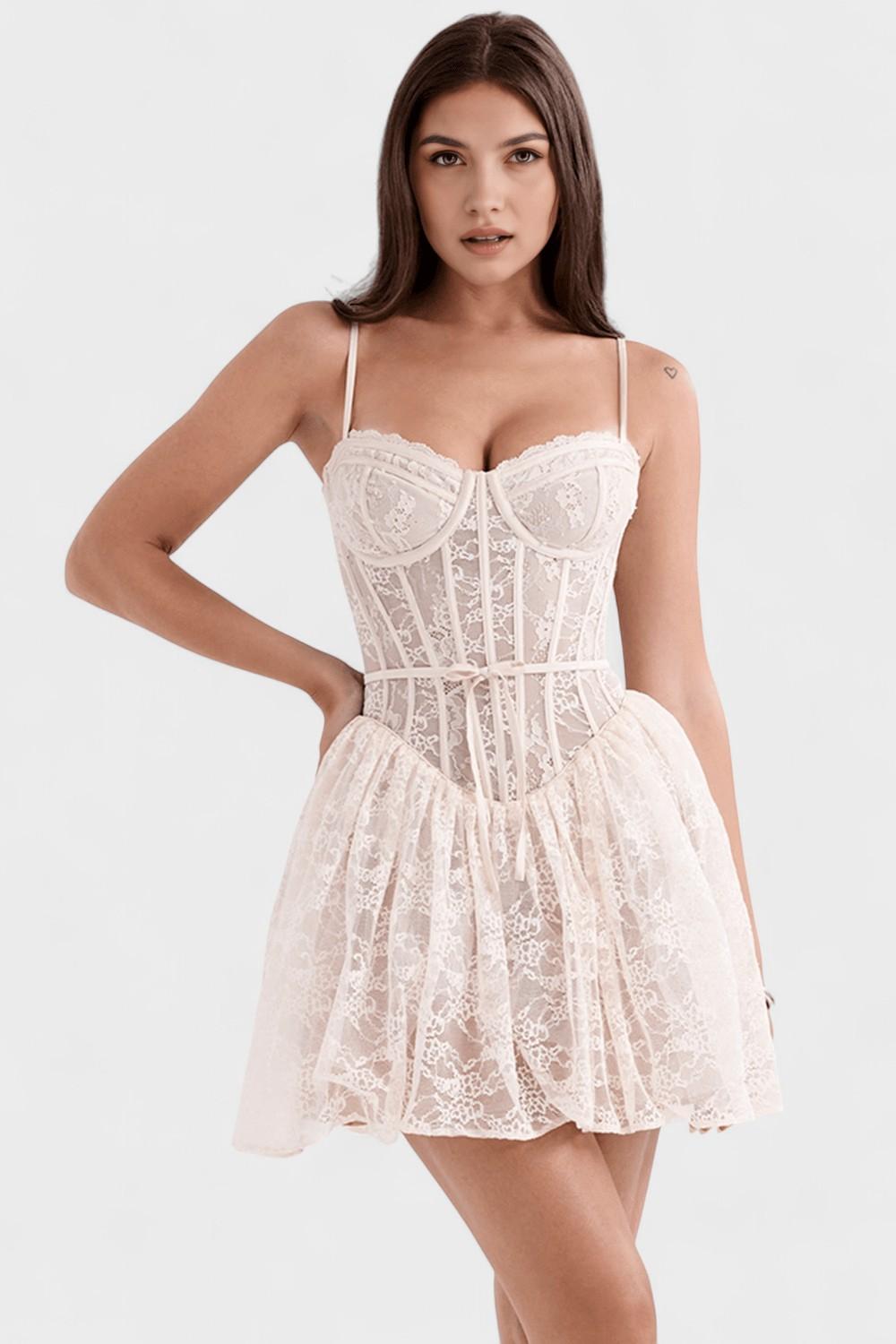 Valentina Mini sukienka damska – koronkowa sukienka gorsetowa na ramiączkach | elegancka dopasowana sukienka imprezowa – Biały