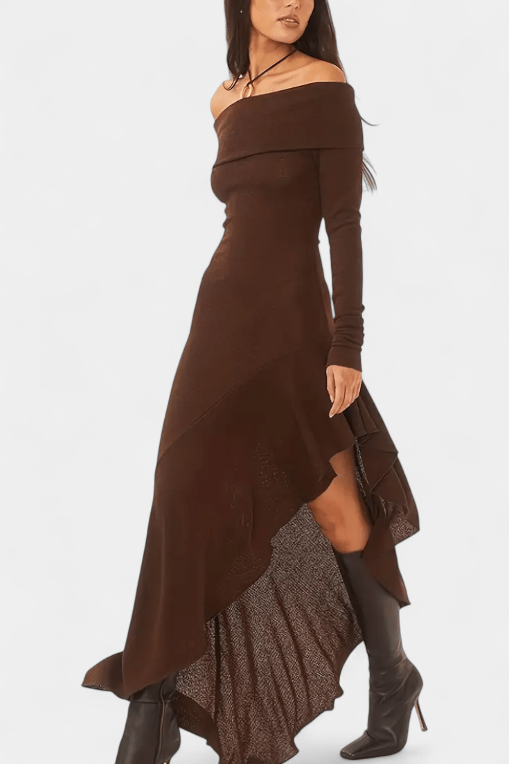 Sukienka maxi damska – długa sukienka z odkrytymi ramionami, asymetryczną spódnicą i rozcięciem | elegancki taliowany krój – Brązowy