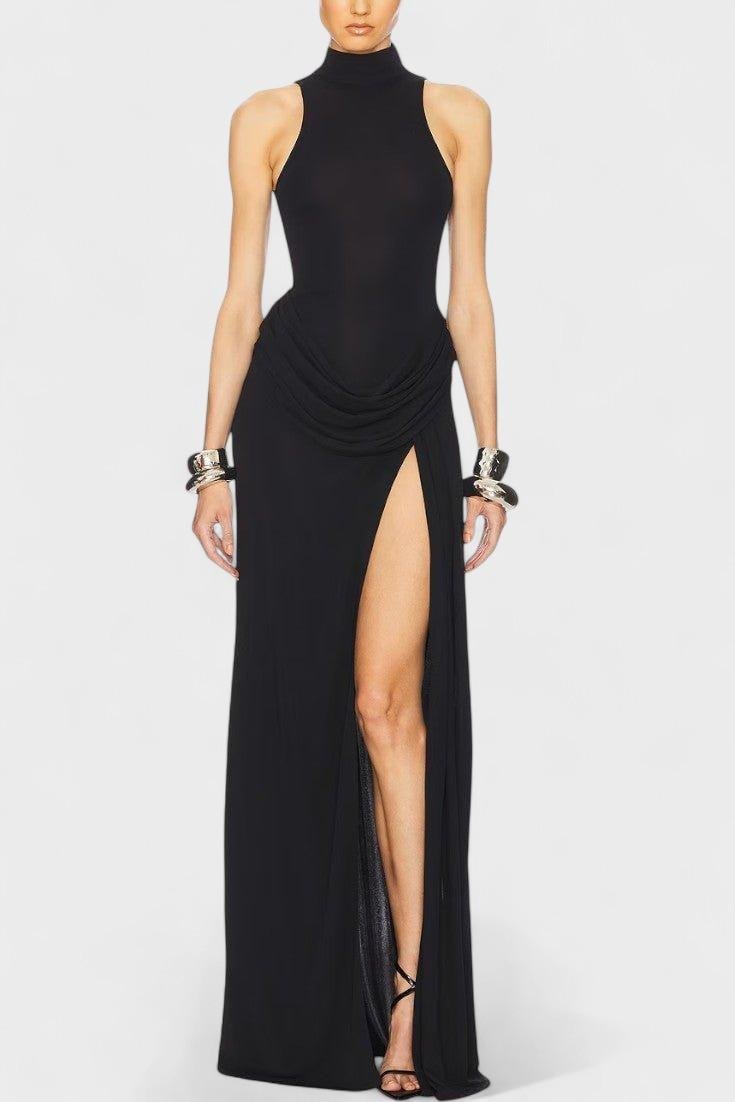 Sukienka maxi damska – długa sukienka z dekoltem halter, wysokim rozcięciem i drapowaną talią | elegancki taliowany krój – Czarny