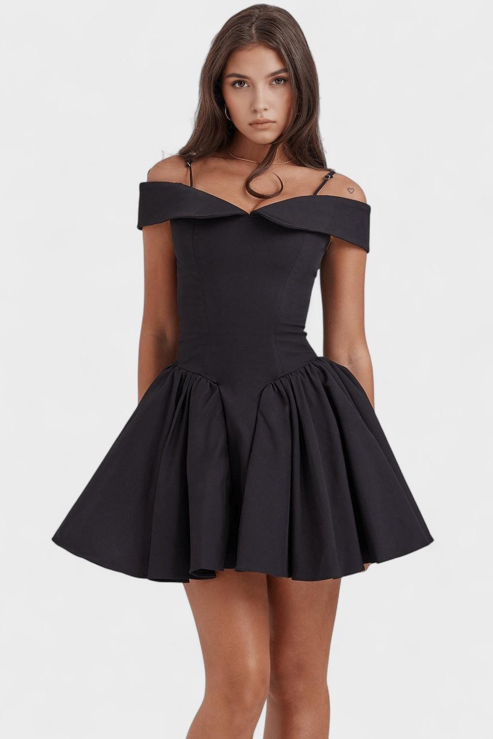 Olivia Mini sukienka damska – sukienka z odkrytymi ramionami i rozkloszowaną spódnicą | elegancka dopasowana sukienka imprezowa – Czarny