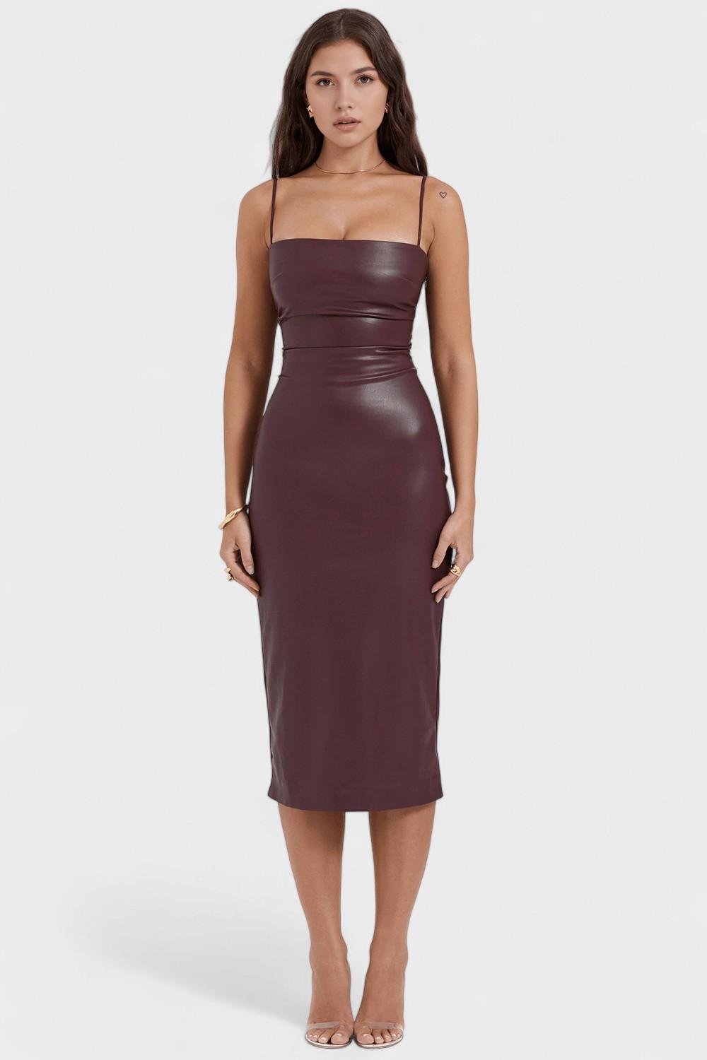 Sukienka midi damska – dopasowana letnia sukienka na ramiączkach | elegancka taliowana bodycon – Bordowy
