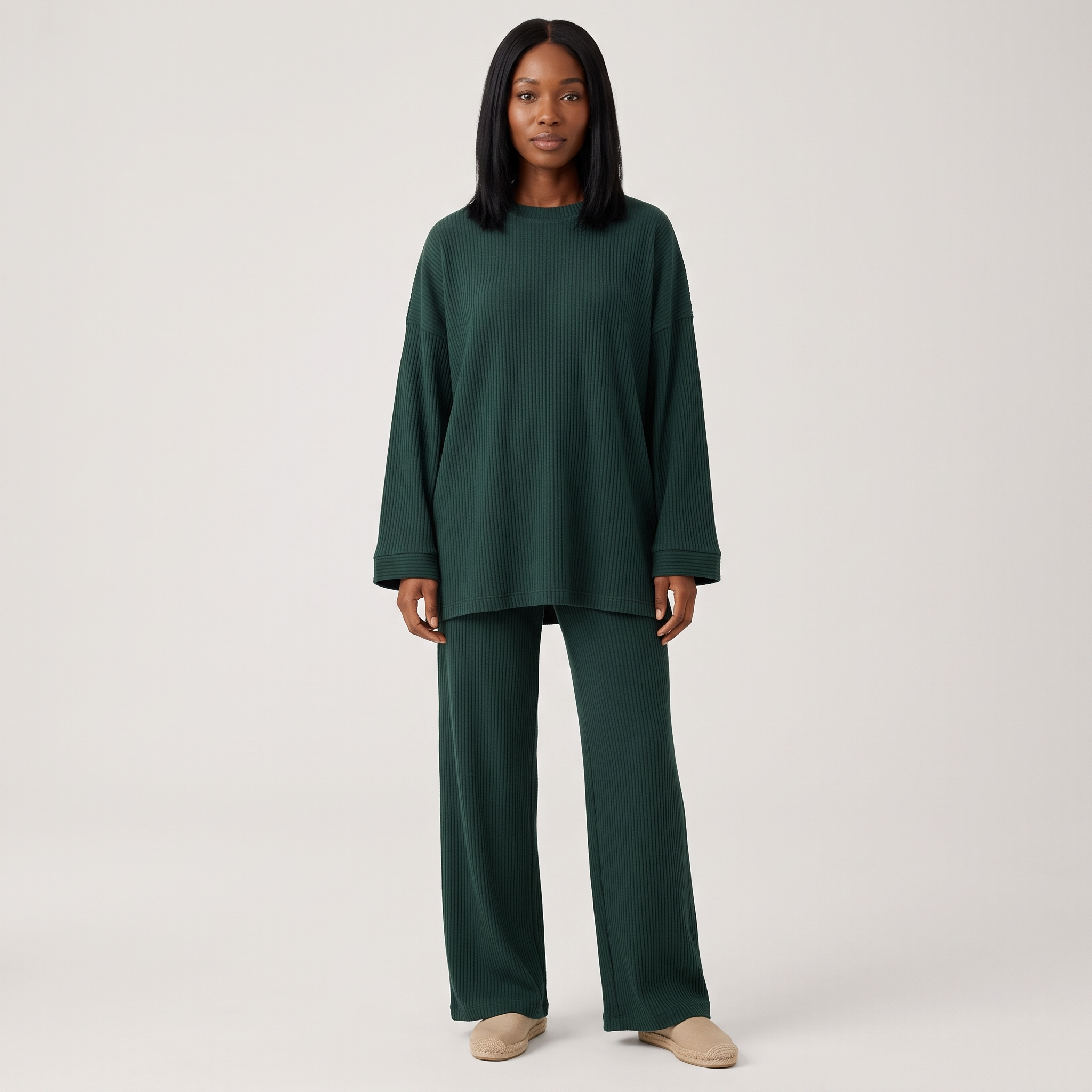 Ingrid Prążkowany Komplet Loungewear – Oversize Top i Szerokie Spodnie – Zielony