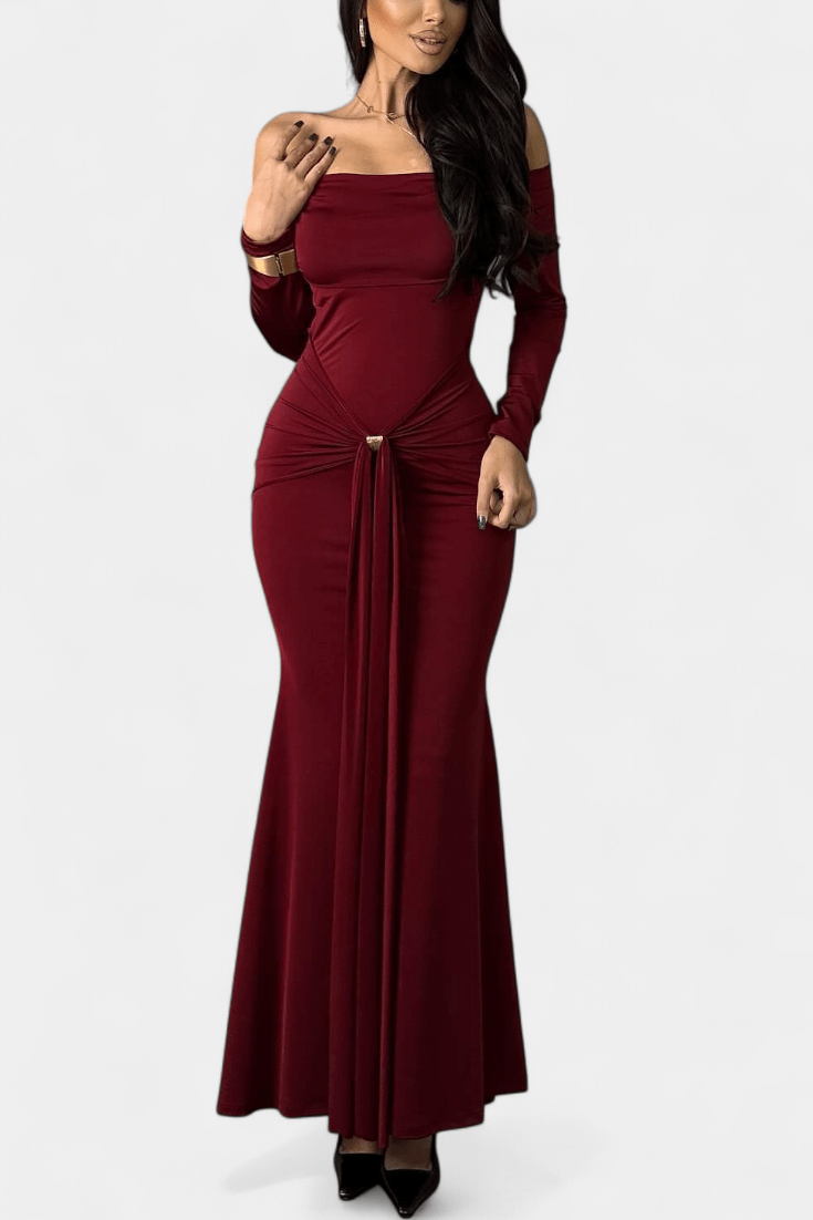 Sukienka maxi damska – długa sukienka off-shoulder z długim rękawem | elegancki taliowany krój – Bordowy