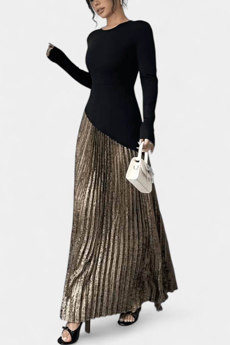 Sukienka maxi damska – długa plisowana sukienka z długim rękawem | elegancki, lekki krój – Czarny