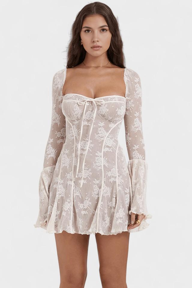 Sukienka mini Maya damska – koronkowa sukienka gorsetowa z długim rękawem | elegancka dopasowana sukienka imprezowa – Biały