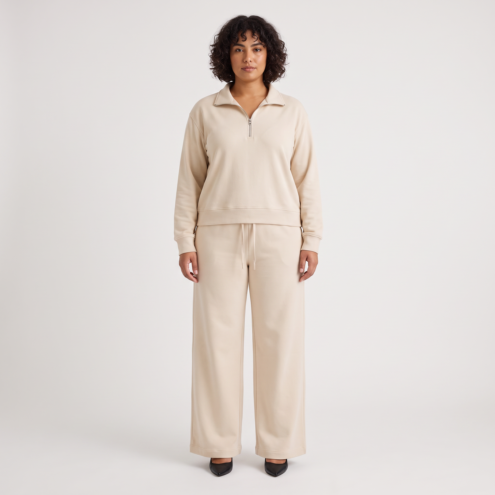 Zestaw loungewear damski – bluza z krótkim zamkiem i spodnie wide leg – Beżowy