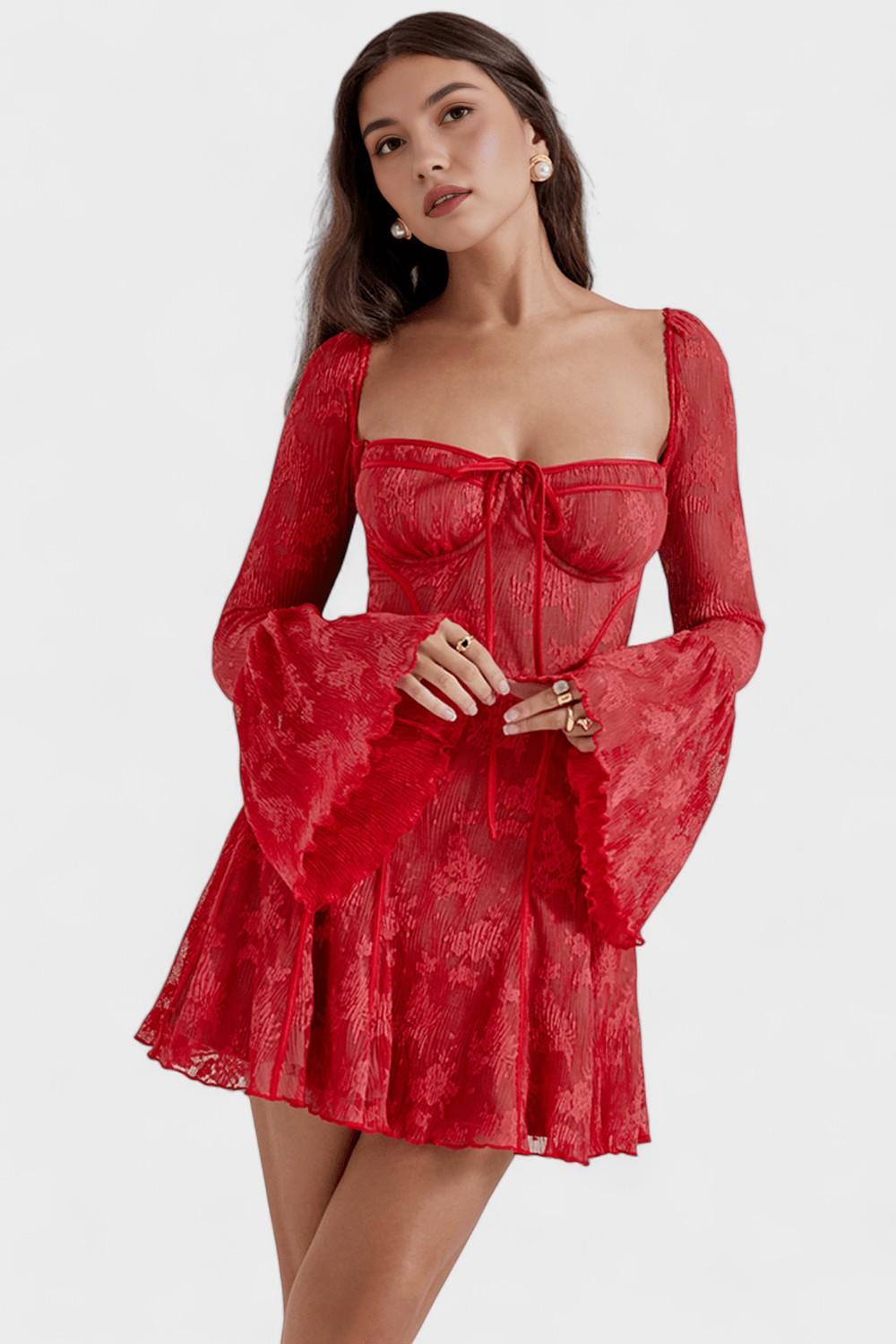 Sukienka mini Lara – koronkowa sukienka gorsetowa z transparentnymi rękawami | elegancka dopasowana sukienka imprezowa – Czerwony
