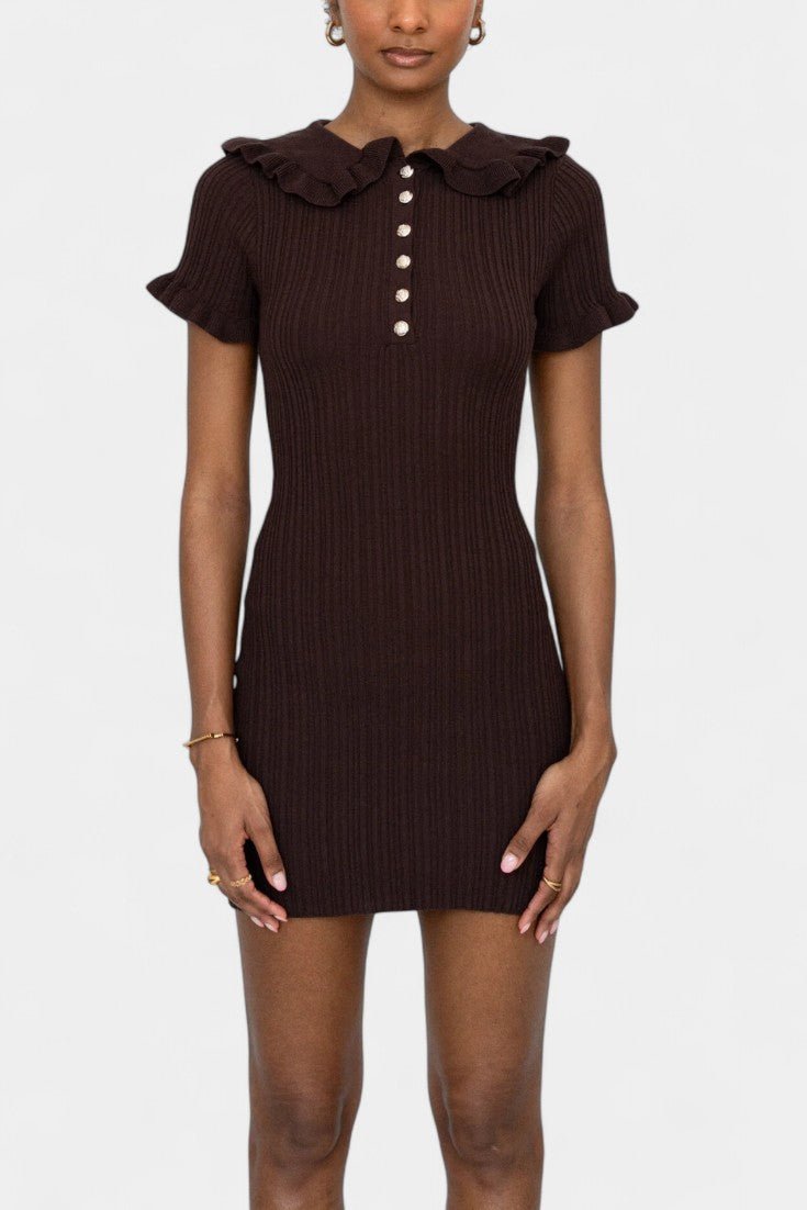 Sukienka mini damska – dopasowana sukienka z kołnierzykiem i guzikami | elegancki fason bodycon – Ciemnobrązowy