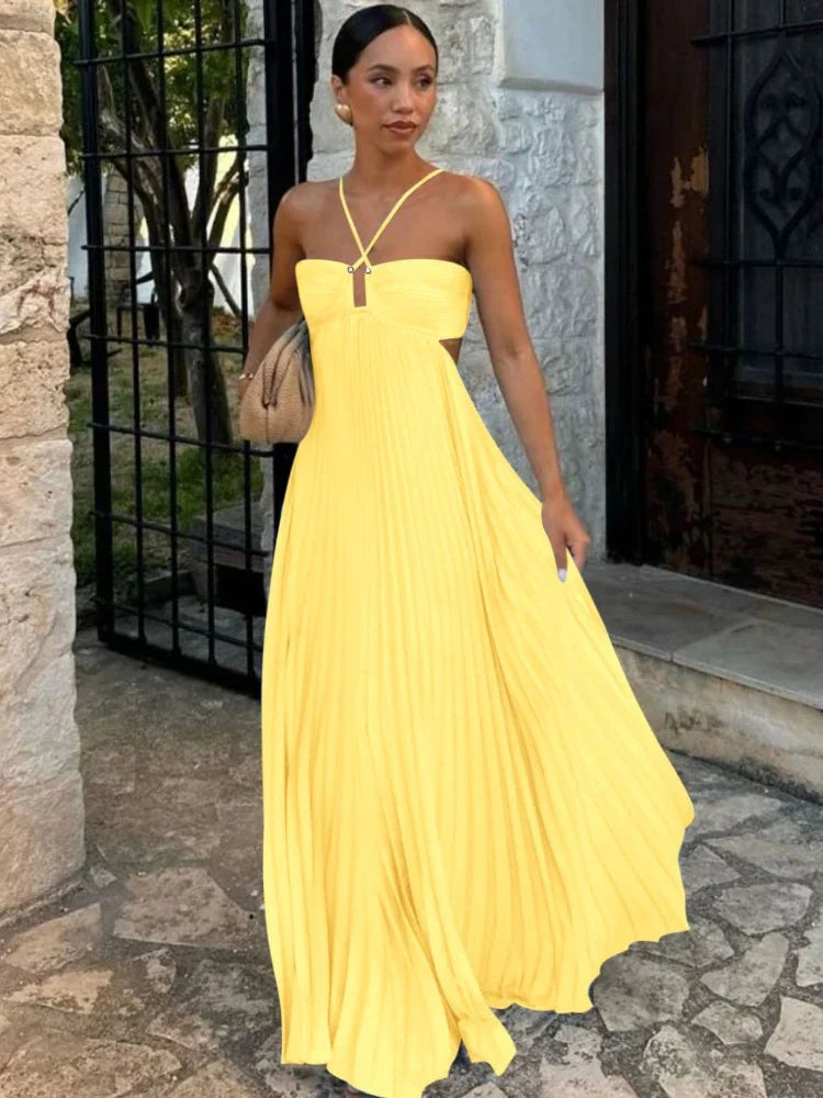 Luna Plisowana Sukienka Maxi z Dekoltem typu Halter – Żółty